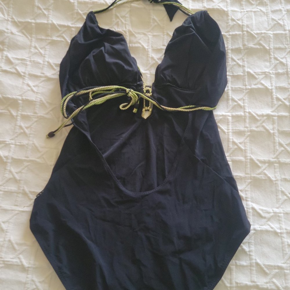 SHAN Black One-Piece Swimsuit with Green Accents Size 14 - Picture 4 of 12